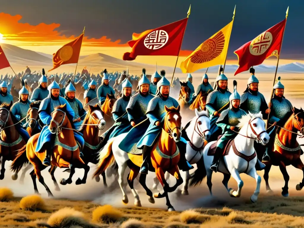 Épica pintura del poderoso ejército mongol liderado por Genghis Khan, cabalgando en la estepa al atardecer