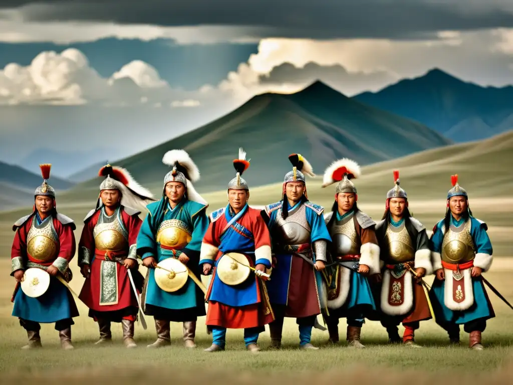 Un épico baile de guerreros mongoles, con expresiones dancísticas y atuendos ornamentados, en medio de las majestuosas estepas de Mongolia