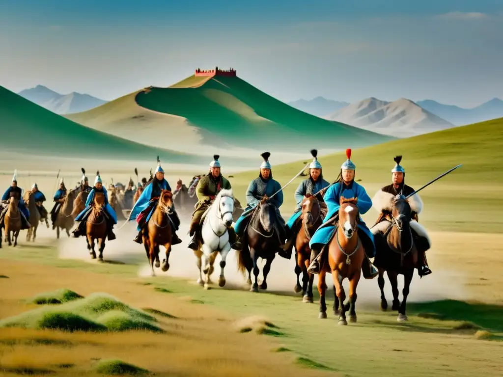 Un épico set de película recrea un campo de batalla mongol con actores y equipo de filmación, destacando la precisión histórica y la intensidad de las interpretaciones cinematográficas de Gengis Khan