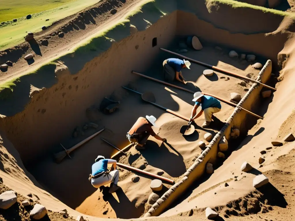 Equipo de arqueólogos excavando un antiguo arsenal mongol, con detalles de armas y restos de infraestructura militar