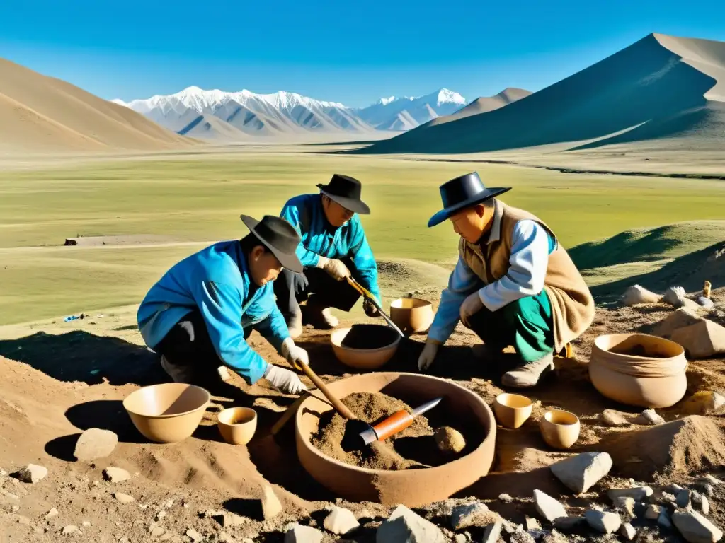 Equipo de arqueólogos descubriendo arsenales mongólicos recientes en paisaje vasto y detalle meticuloso