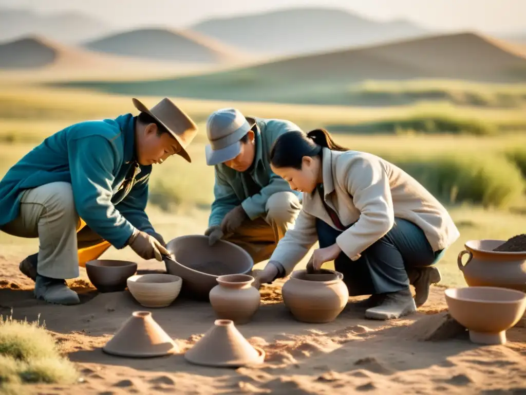 Equipo de arqueólogos excavando artefactos antiguos en la estepa mongola al amanecer