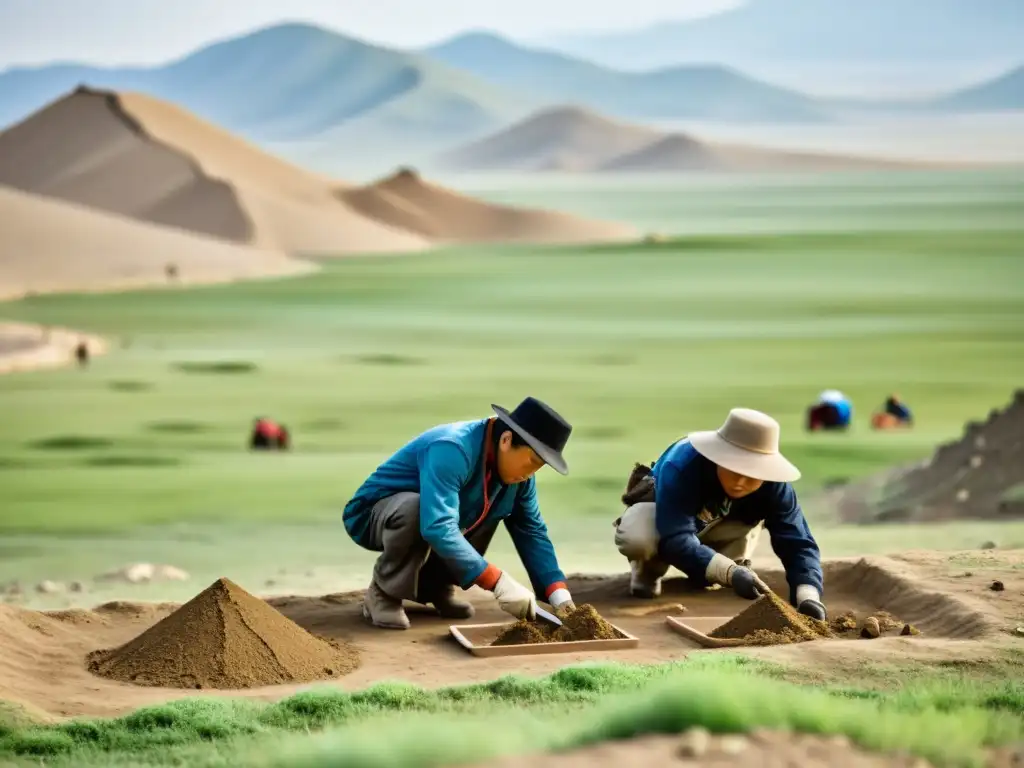 Equipo de arqueólogos excavando artefactos antiguos en Mongolia, en búsqueda de las crónicas perdidas del Imperio Mongol