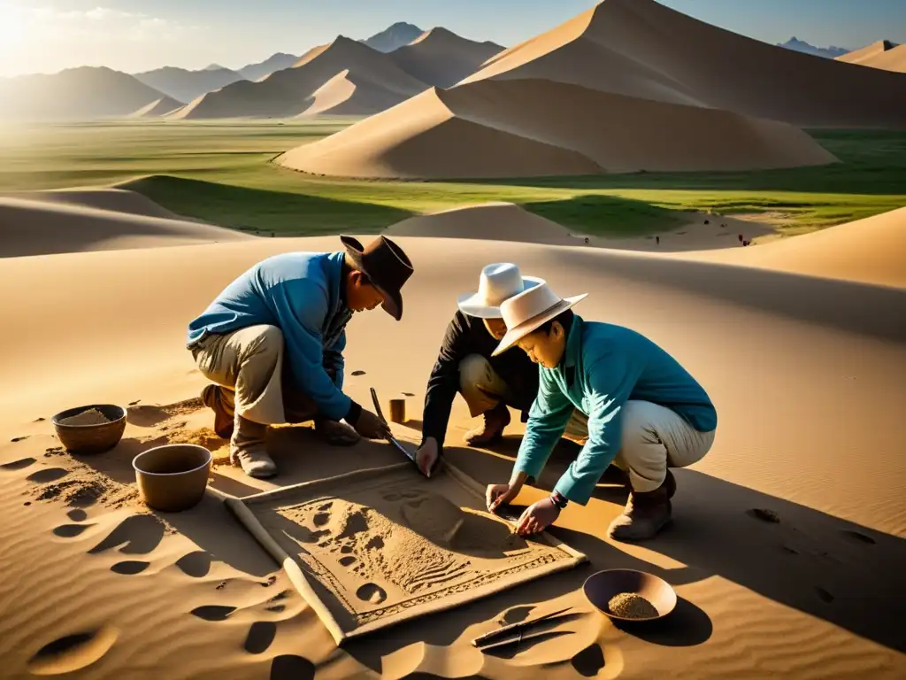 Equipo de arqueólogos desenterrando artefactos antiguos en el desierto de Mongolia, revelando mapas e instrumentos de navegación del Imperio Mongol