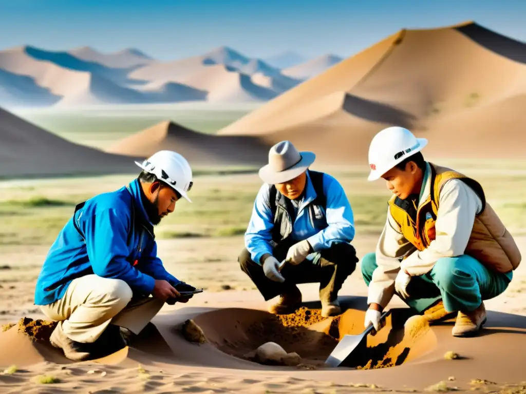 Equipo de arqueólogos explorando artefactos del Imperio Mongol en el desierto de Gobi, fusionando innovaciones tecnológicas y exploración histórica