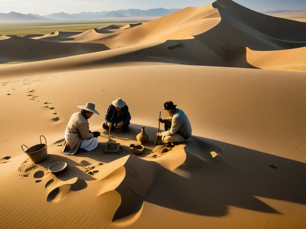 Equipo de arqueólogos excavando artefactos mongolos en el vasto desierto de Gobi, evocando la espiritualidad de objetos rituales antiguos