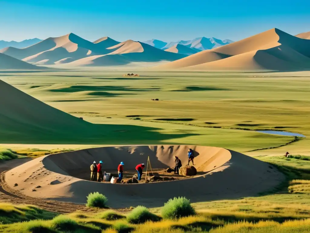 Equipo de arqueólogos desenterrando artefactos en ruta comercial menor Mongol, revelando mitologías y paisaje escénico