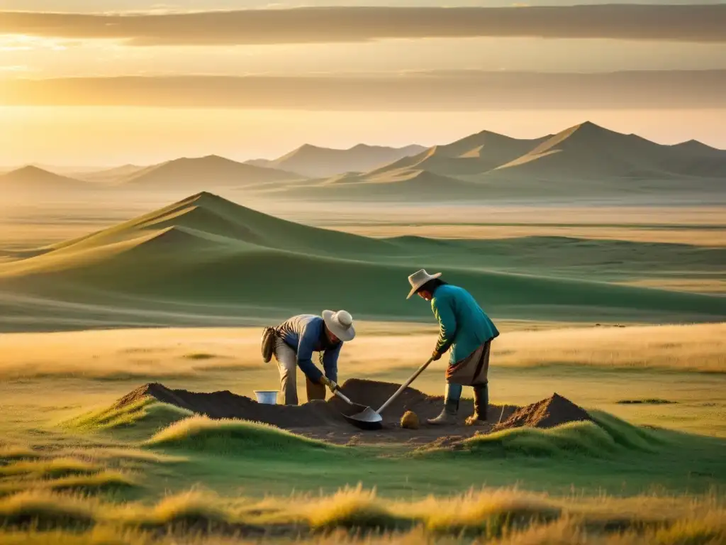 Un equipo de arqueólogos excava minuciosamente en la estepa mongola al atardecer, revelando descubrimientos arqueológicos del Imperio Mongol