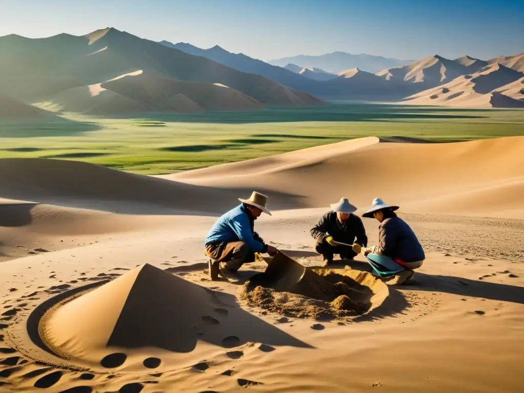 Un equipo de arqueólogos excava con cuidado en el desierto de Mongolia, revelando descubrimientos arqueológicos del Imperio Mongol bajo la luz del sol