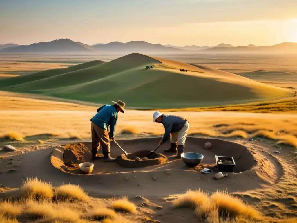 Un equipo de arqueólogos excava con cuidado un sitio de enterramiento en la estepa mongola al atardecer, destacando el descubrimiento de tumbas en el Imperio Mongol