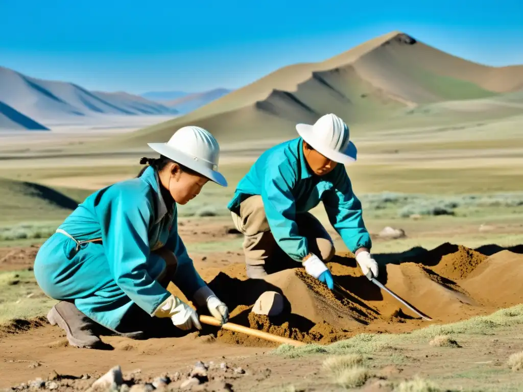 Un equipo de arqueólogos excava con cuidado una tumba recién descubierta en Mongolia, evocando la riqueza cultural e histórica del Imperio Mongol