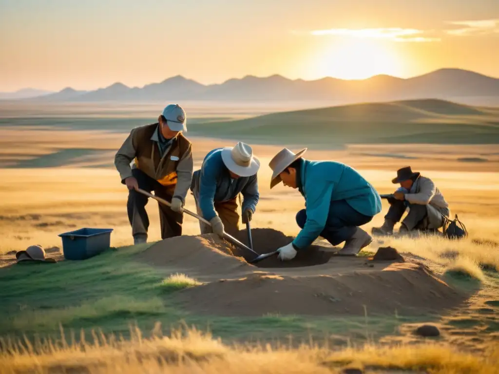 Equipo de arqueólogos excavando en la estepa mongola, descubrimientos arqueológicos Imperio Mongol