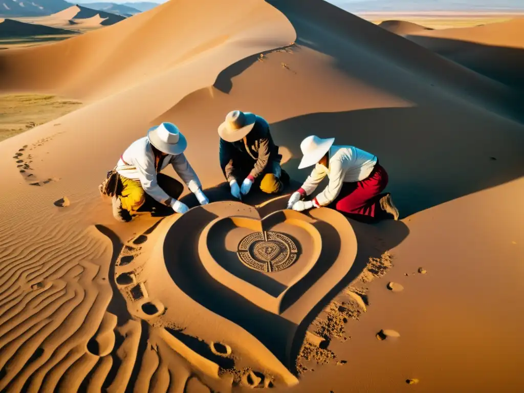 Equipo de arqueólogos excavando un enigmático artefacto en el desierto del Imperio Mongol, rodeados de ruinas antiguas y paisajes vírgenes