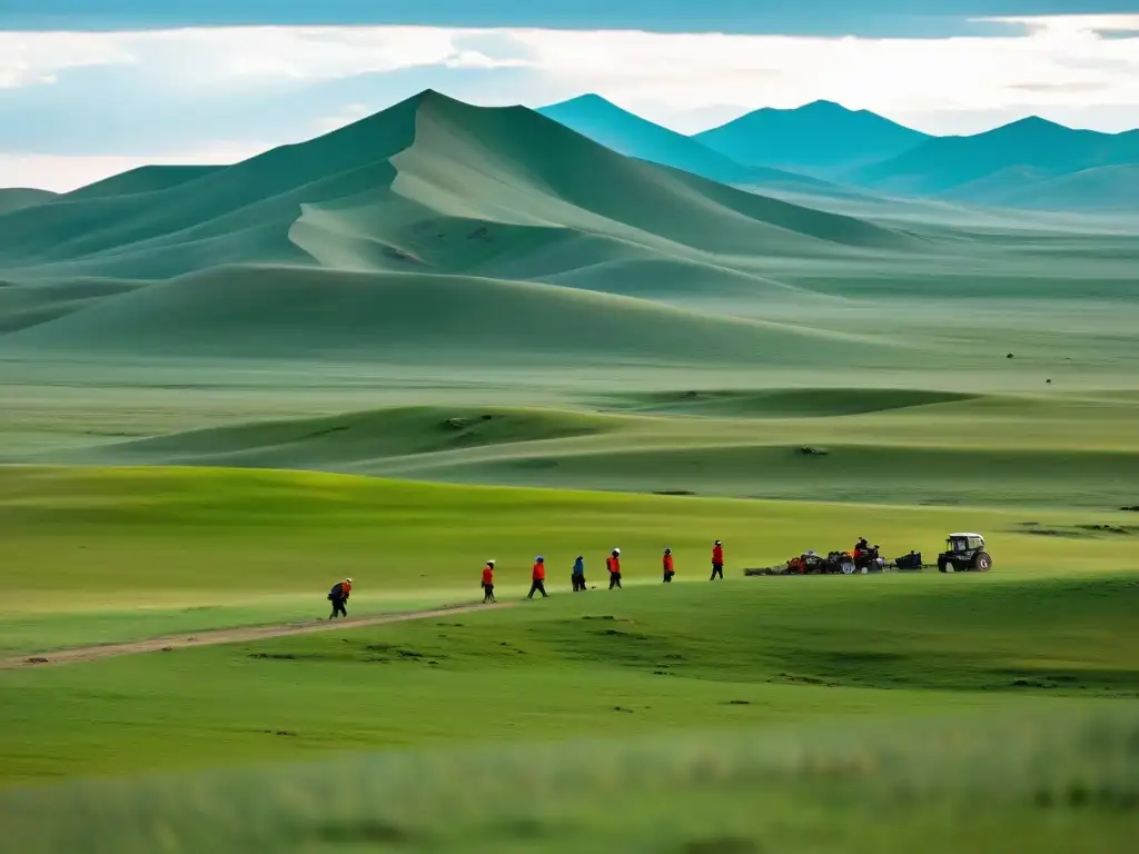 Equipo de arqueólogos y geofísicos explorando campamentos nómadas del Imperio Mongol en la extensa estepa mongola, bajo un cielo azul brillante