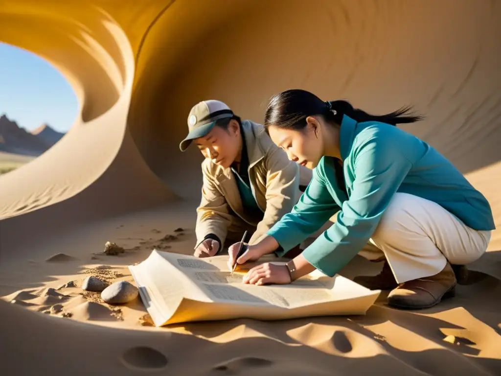 Equipo de arqueólogos descubriendo manuscritos de escritura mongola en el desierto