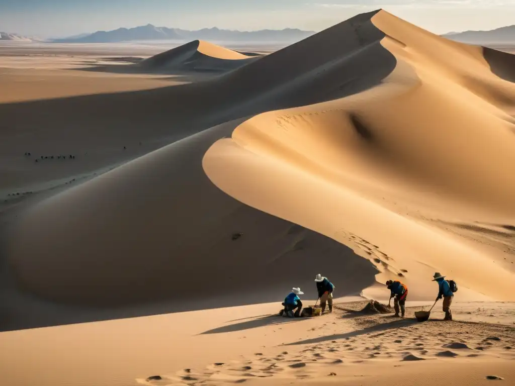 Un equipo de arqueólogos excava con meticulosidad en el vasto y desolado desierto, desenterrando tesoros antiguos del Imperio Mongol