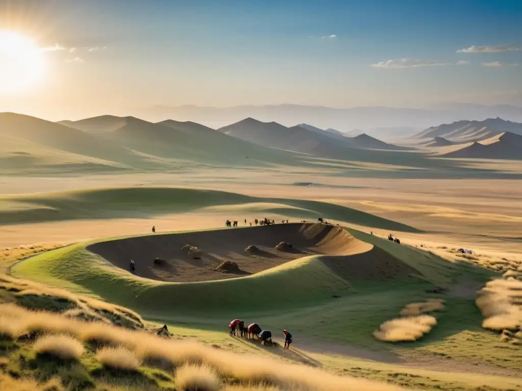 Equipo de arqueólogos excavando en la estepa mongola, revelando descubrimientos arqueológicos del Imperio Mongol, bajo el sol poniente