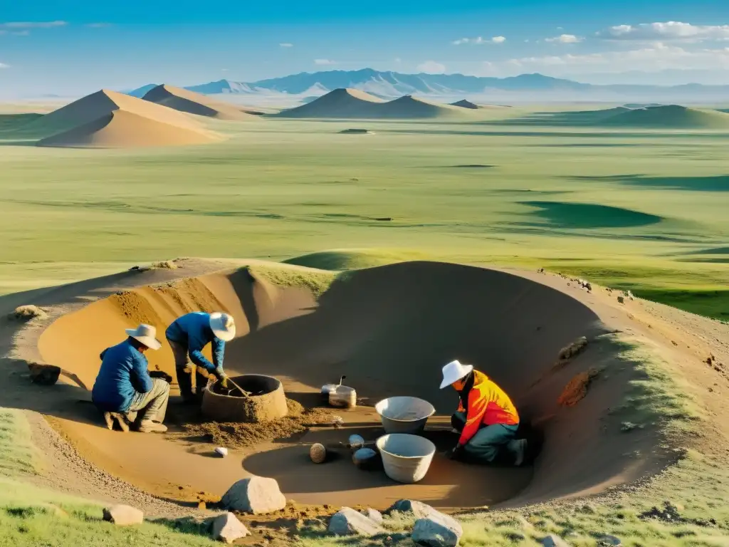 Un equipo de arqueólogos excavando en Mongolia, mezclando historia antigua y tecnología moderna para fechar reliquias del Imperio Mongol