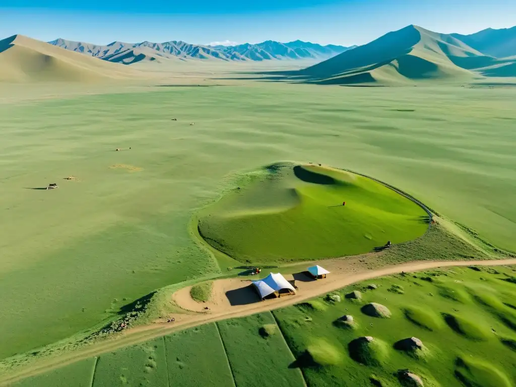 Equipo de arqueólogos excavando en paisaje vasto del Imperio Mongol