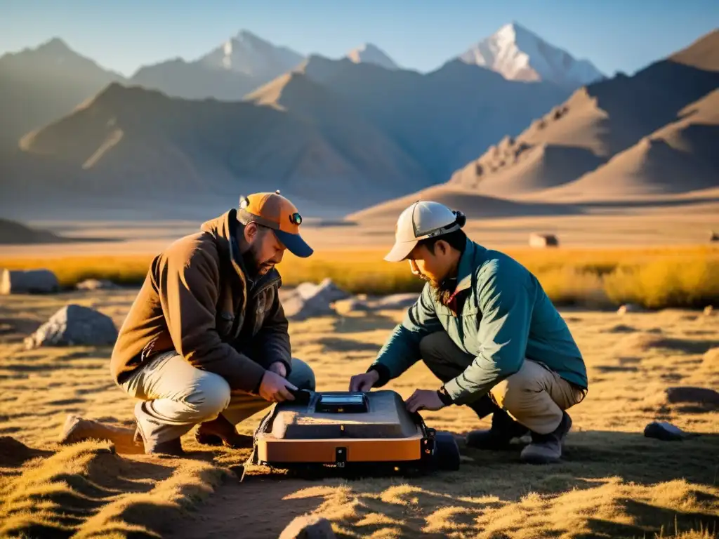 Equipo de arqueólogos utilizando radar para explorar ruinas del Imperio Mongol al atardecer