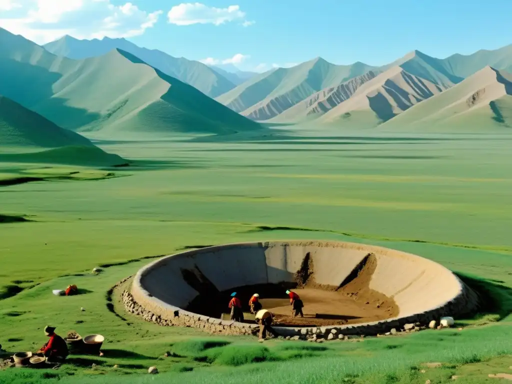 Equipo de arqueólogos excava reliquias del Imperio Mongol en paisaje dramático de montañas y praderas