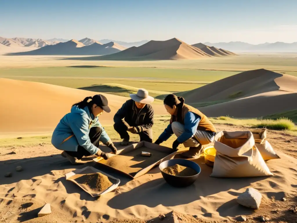 Equipo de arqueólogos excavando reliquias en la estepa mongola, con la luz dorada del sol