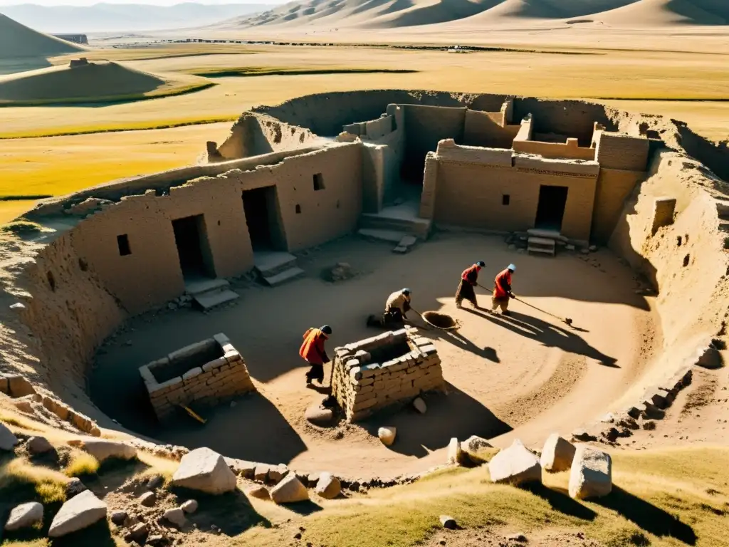 Excavación arqueológica en la antigua ciudad mongol Equipo de arqueólogos excava ruinas de ciudad mongol entre vasta estepa