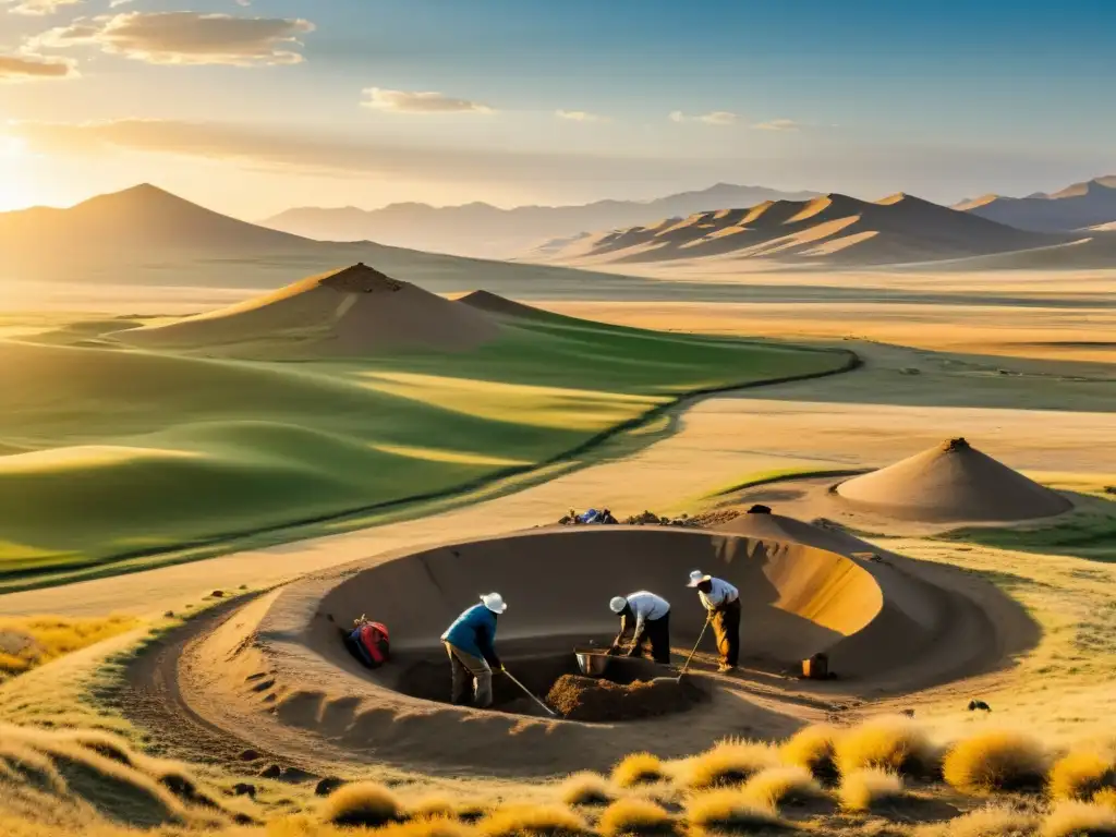 Equipo de arqueólogos excavando un sitio en Mongolia al atardecer, fusionando tecnología moderna y métodos tradicionales