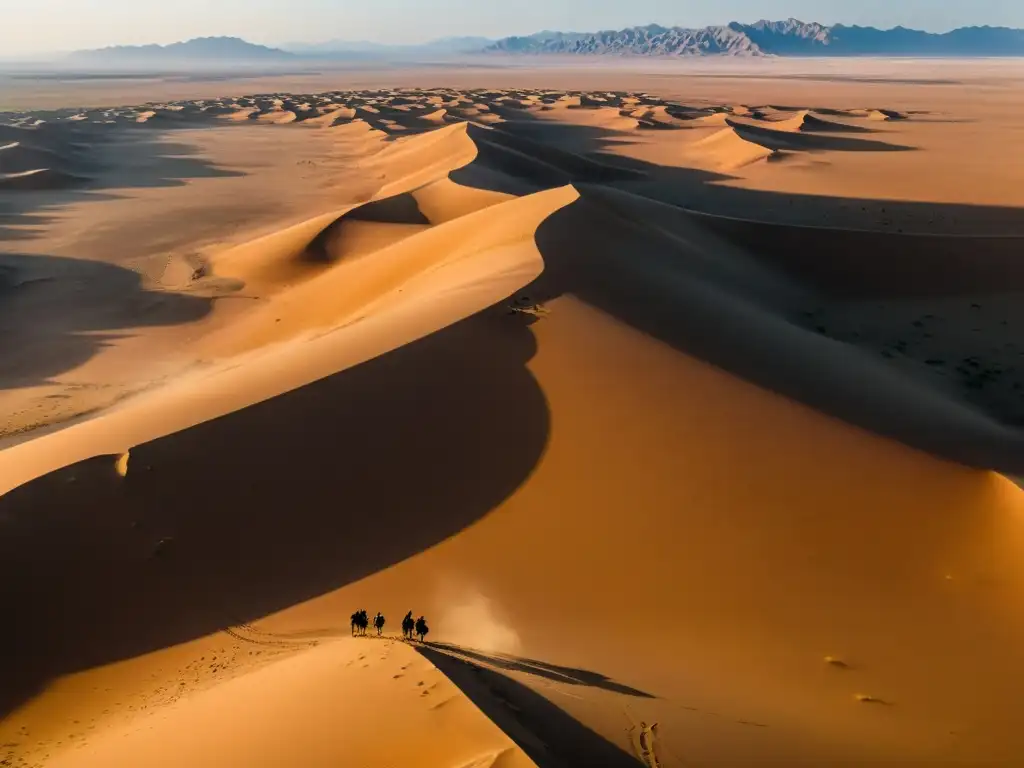 Equipo de arqueólogos utilizando tecnología aérea en arqueología mongola sobre las dunas del desierto del Gobi al atardecer