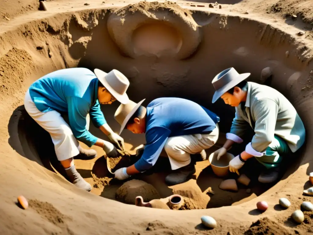 Equipo de arqueólogos descubriendo tumba del Imperio Mongol: joyas, cerámica y textiles antiguos, iluminados por la luz dorada