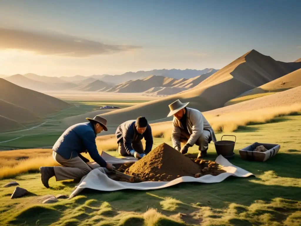 Equipo de arqueólogos descubriendo tumbas del Imperio Mongol en terreno ventoso, iluminados por luz dorada al atardecer