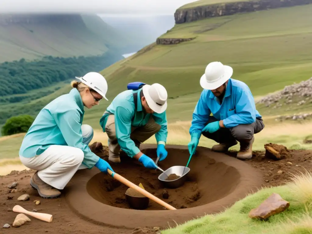 Equipo de científicos y arqueólogos excavando un sitio de entierro en terreno remoto