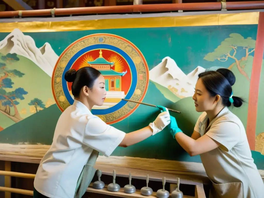 Un equipo de conservadores restaura con cuidado un antiguo mural en un templo mongol, preservando los vibrantes colores y detalles intrincados