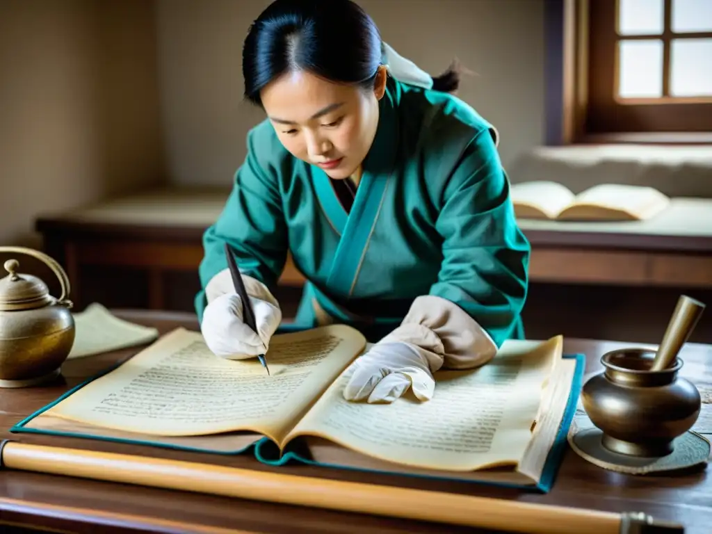 Equipo de conservación restaurando con precisión documentos mongoles antiguos, resaltando la importancia de preservar nuestro patrimonio cultural