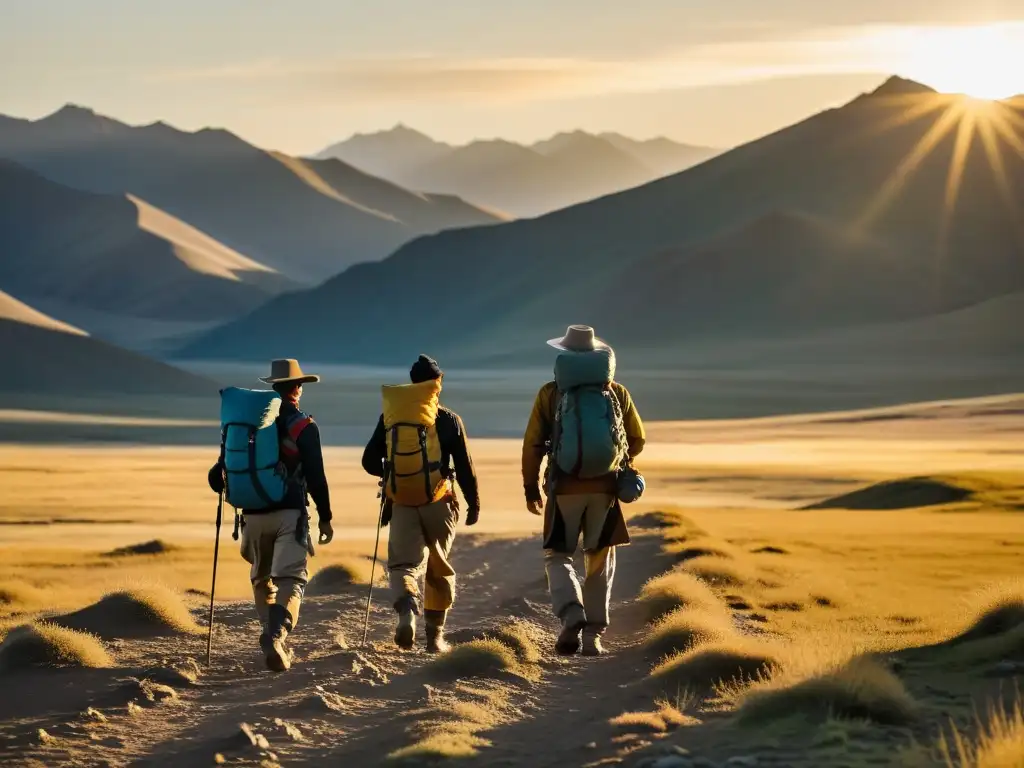 Equipo de exploradores modernos en busca de tesoros perdidos en la antigua Mongolia, con la luz dorada del atardecer sobre las montañas