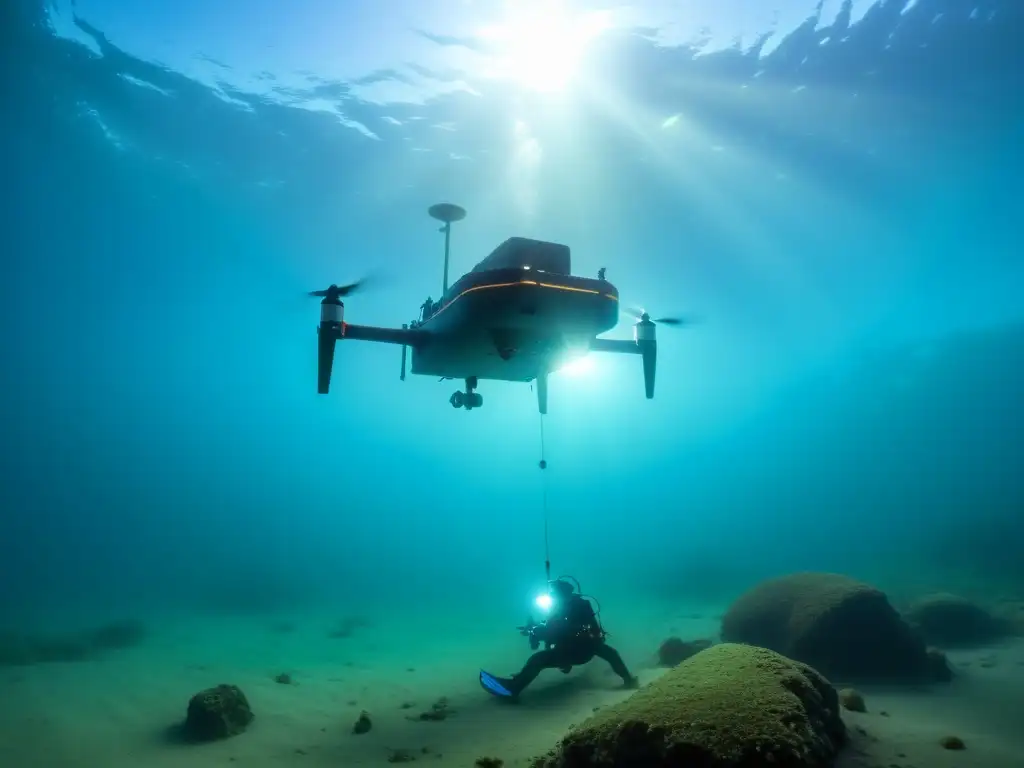 Equipo de investigadores opera un dron submarino, iluminando artefactos de la ruta comercial mongola sumergida