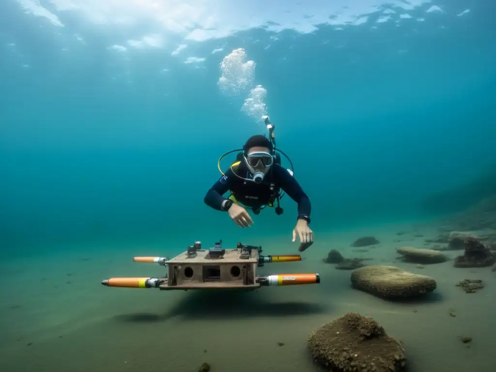 Equipo de investigadores operando drones submarinos en una antigua ruta comercial mongola sumergida, capturando historia y tecnología