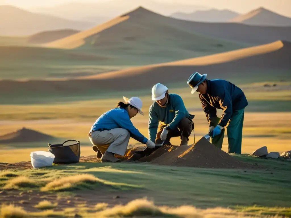 Equipo de investigadores excavando ruinas en la estepa mongola al atardecer, mostrando el legado cultural e imperio mongol