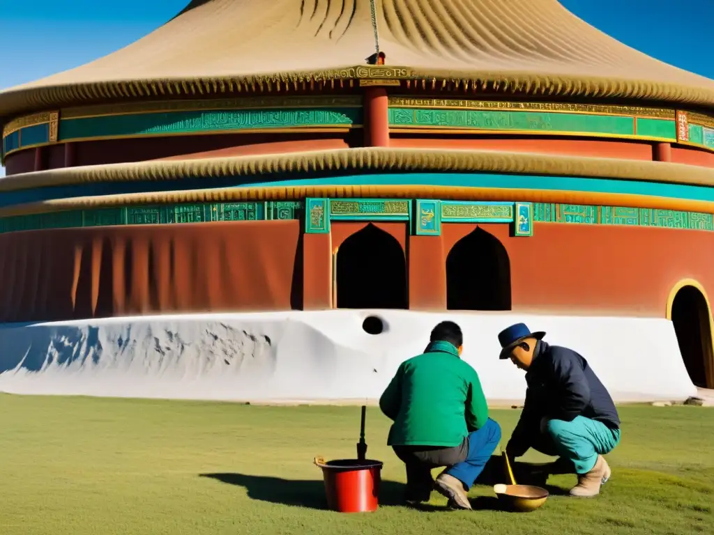 Restauración detallada de monumento mongol Equipo de restauración cuidadosamente trabajando en monumento mongol, resaltando la conservación y legado de la arquitectura mongola conquistas legado