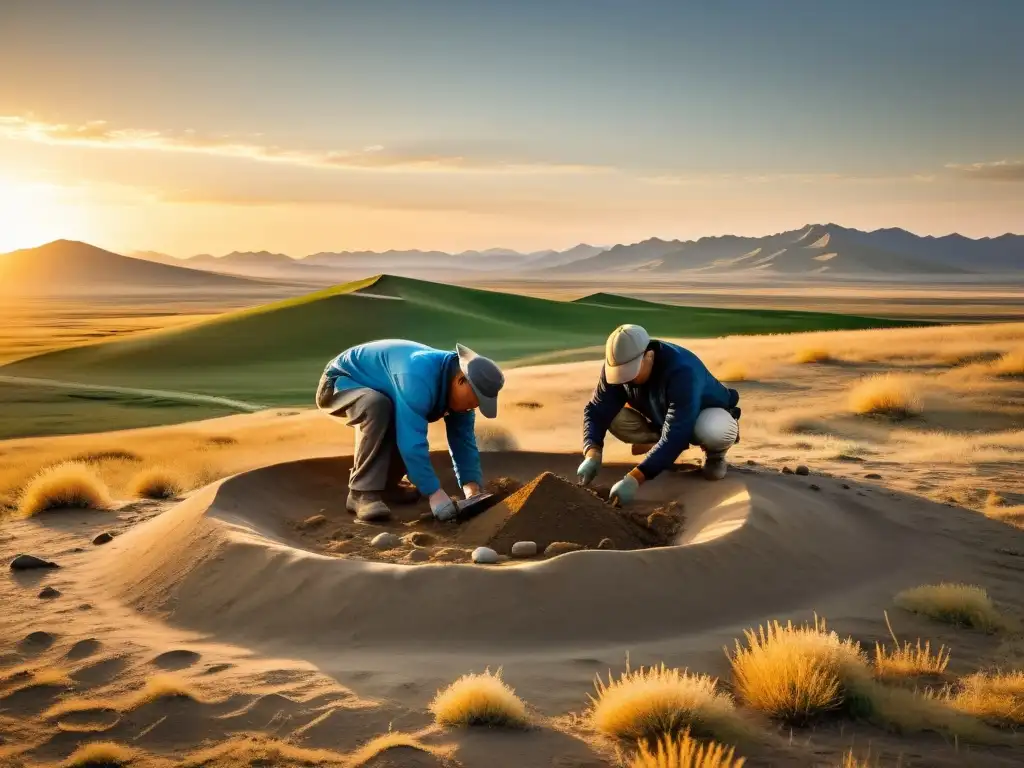 Equipo arqueológico descubriendo tesoros del Imperio Mongol al atardecer en la estepa de Mongolia, reflejando la esencia de hallazgos recientes