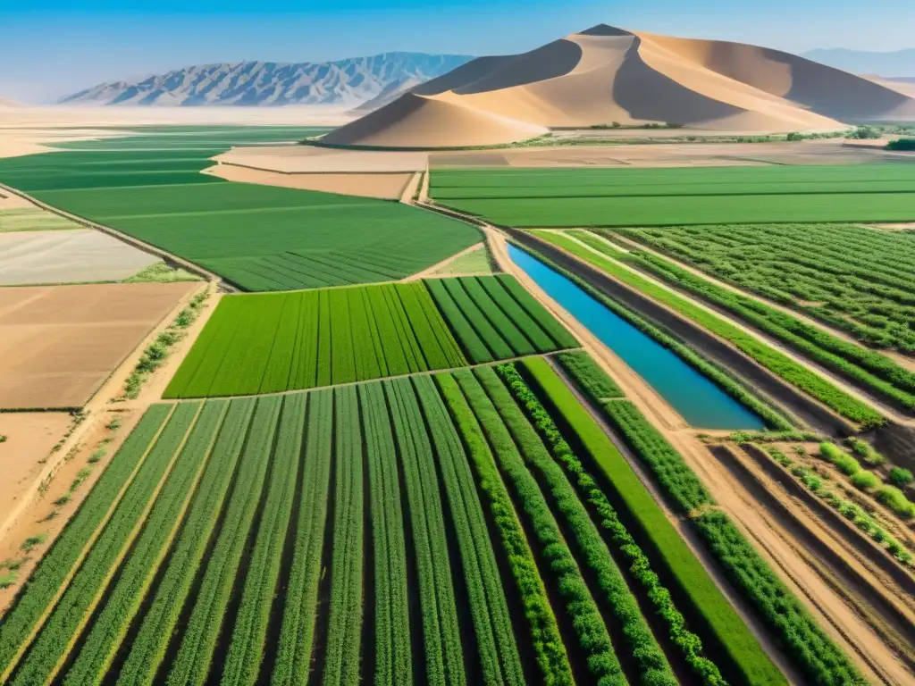 Escena de agricultores innovadores utilizando técnicas de riego en tierras áridas bajo el Imperio Mongol