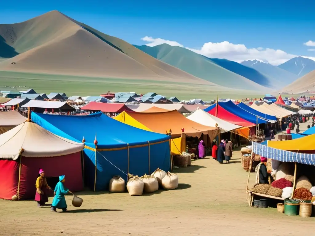 Escena animada de un mercado mongol con puestos coloridos, comerciantes y mercancías variadas