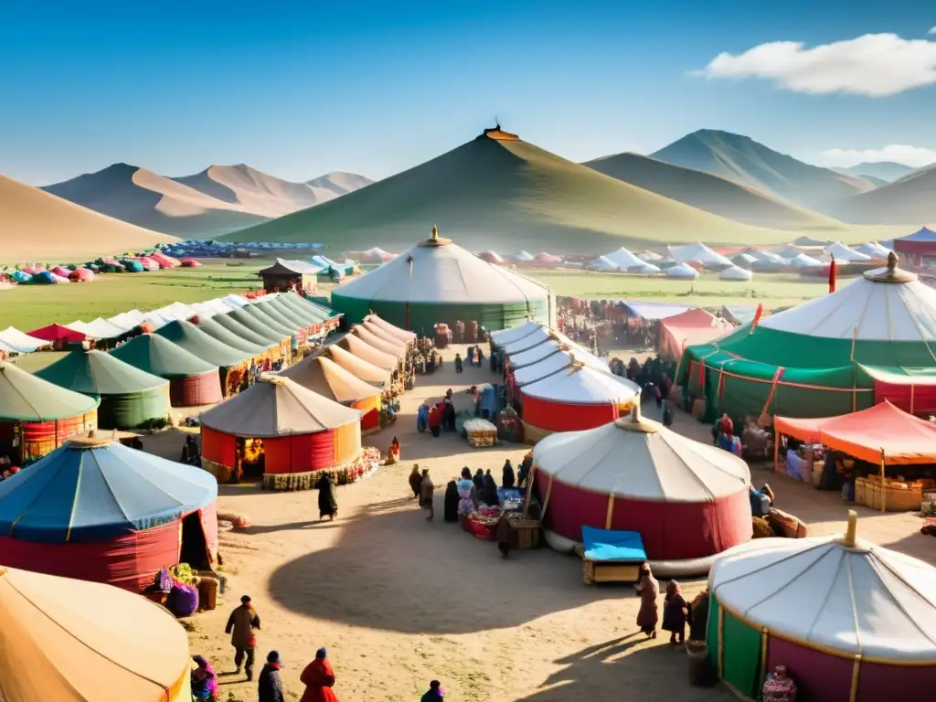 Escena animada en un mercado mongol con vendedores y compradores regateando, yurtas tradicionales y textiles vibrantes