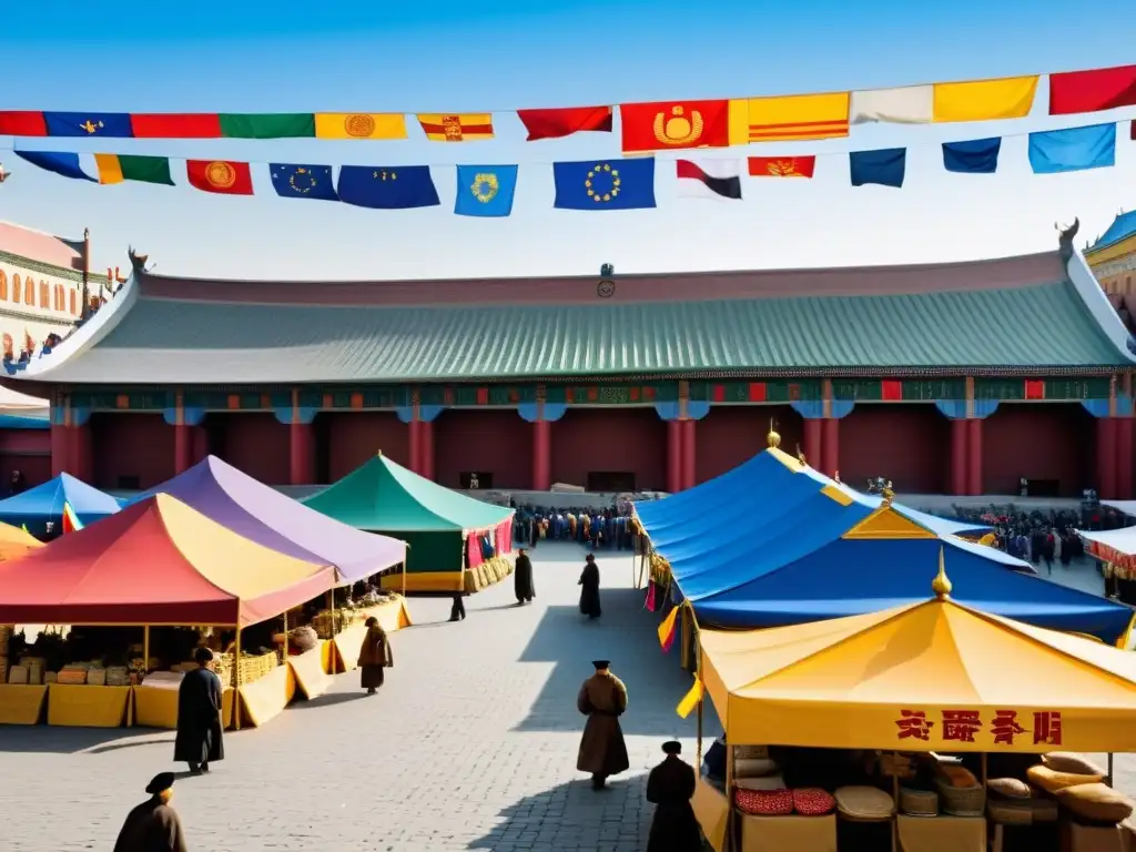 Mercado vibrante bajo el dominio mongol: intercambio cultural en Europa Escena animada de la vida cotidiana en el mercado del Imperio Mongol, con intercambio cultural y vibrante atmósfera multicultural