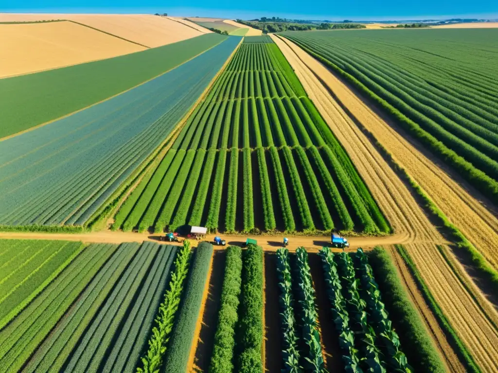 Una escena atemporal de agricultura con campos verdes extensos y agricultores trabajando, transmitiendo tranquilidad y productividad