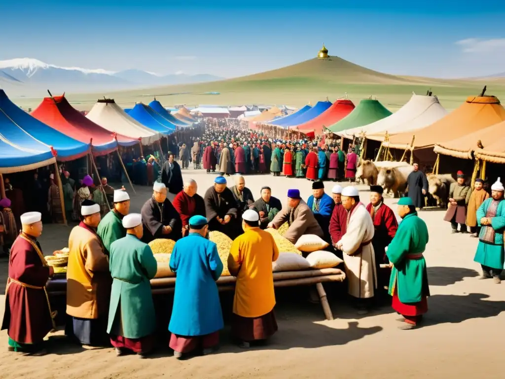 Escena bulliciosa del mercado en la antigua Mongolia, con diversidad religiosa en la administración y comercio