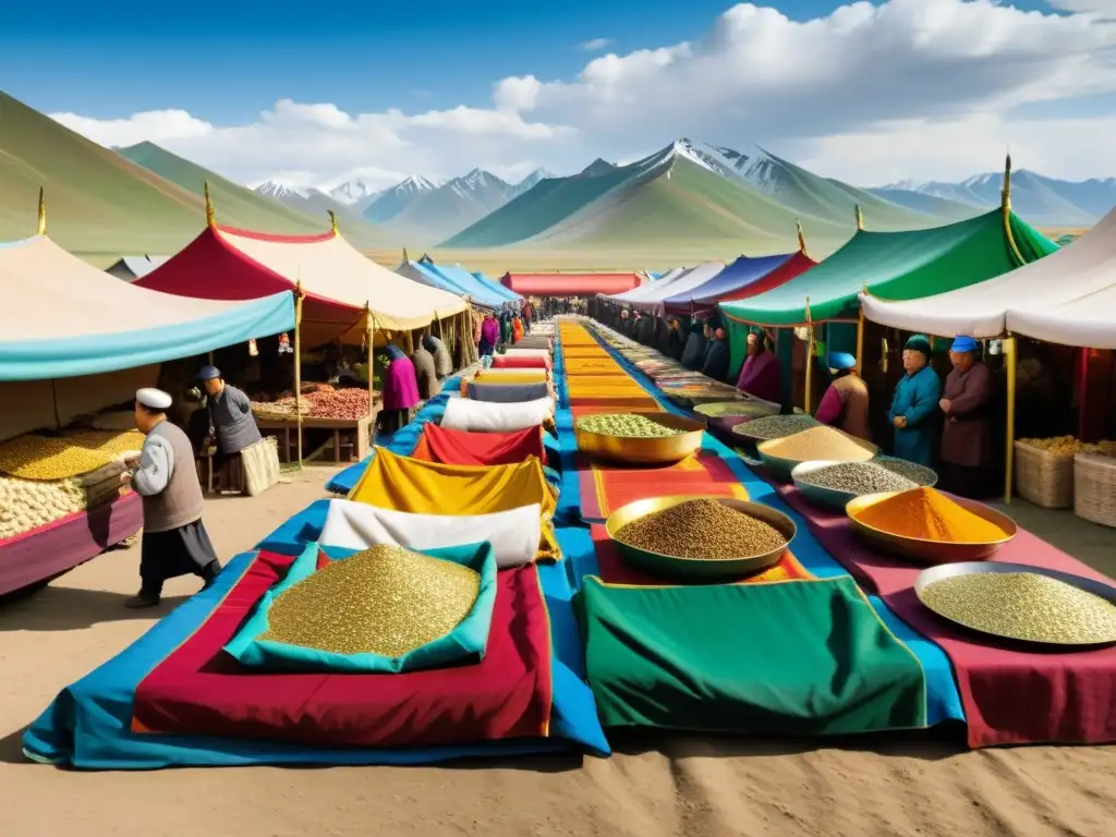 Escena bulliciosa en el mercado del Imperio Mongol, con comerciantes de diversas culturas intercambiando bienes