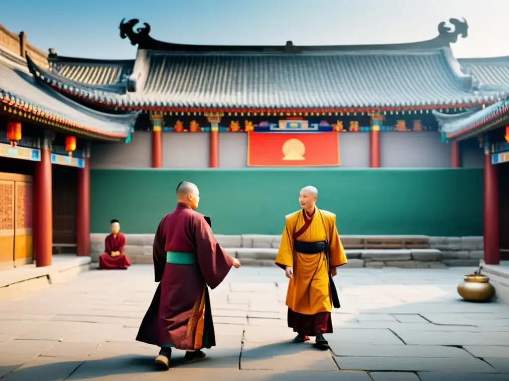 Escena callejera vibrante en la China de la dinastía Yuan, con sincretismo religioso y diversidad cultural