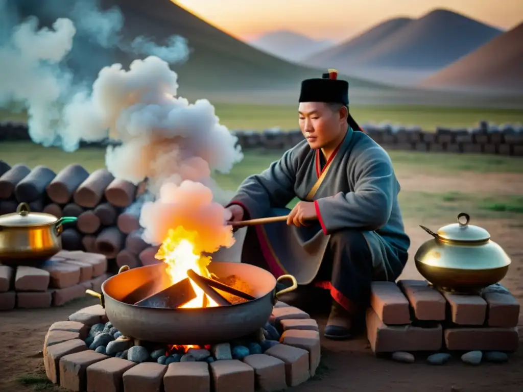 Escena de cocina al aire libre en Mongolia con técnicas tradicionales y paisaje inmersivo de pastizales y animales