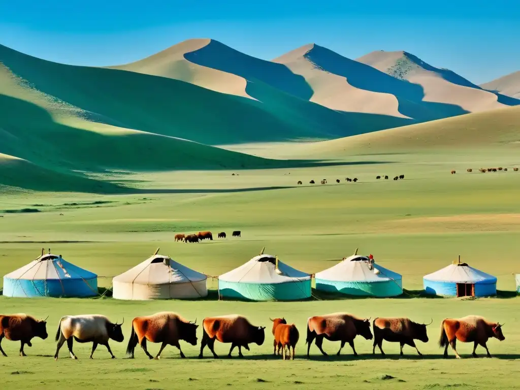 Una escena dinámica de la vida nómada en las estepas de Mongolia, con yurtas tradicionales, rebaños y un cielo azul